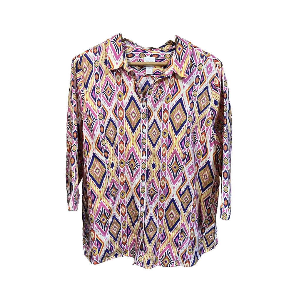 Chicos No Iron Linen Aztec Top Size 3 XL Beachy Relaxed Flowy Coastal Colorful